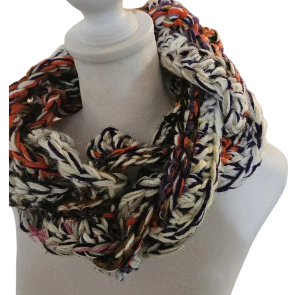 Hand Crafted Scarf Crochet Chunky knit multicolored Artisan  unique wearable art